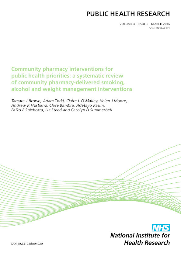 Community pharmacy interventions for public health priorities: a systematic review of community pharmacy-delivered smoking, alcohol and weight management interventions Thumbnail
