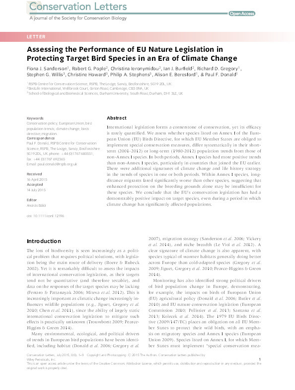 Assessing the performance of EU nature legislation in protecting target bird species in an era of climate change Thumbnail