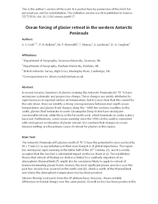 Ocean forcing of glacier retreat in the western Antarctic Peninsula Thumbnail