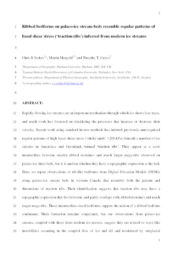 Ribbed bedforms on palaeo-ice stream beds resemble regular patterns of basal shear stress (‘traction ribs’) inferred from modern ice streams Thumbnail