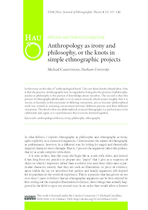 Anthropology as irony and philosophy, or the knots in simple ethnographic projects Thumbnail