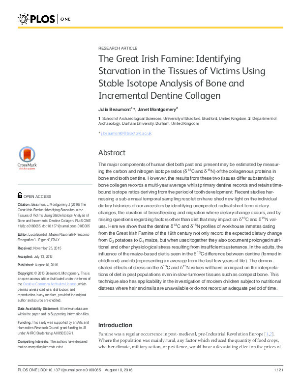 The Great Irish Famine: identifying starvation in the tissues of victims using stable isotope analysis of bone and incremental dentine collagen Thumbnail