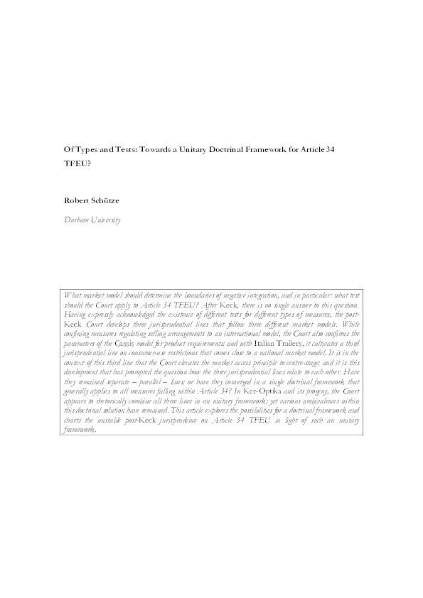Of Types and Tests: Towards a Unitary Doctrinal Framework for Article 34 TFEU? Thumbnail