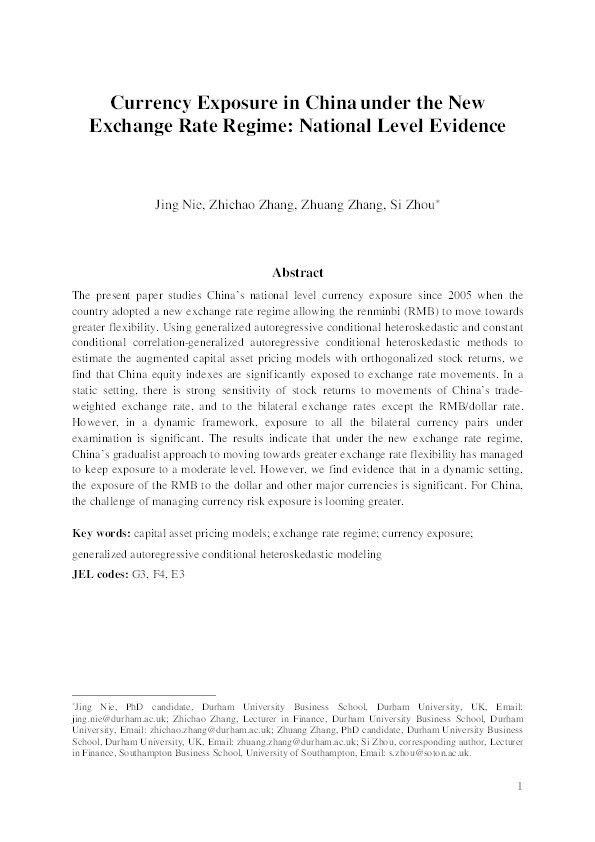Currency Exposure in China under the New Exchange Rate Regime: National Level Evidence Thumbnail