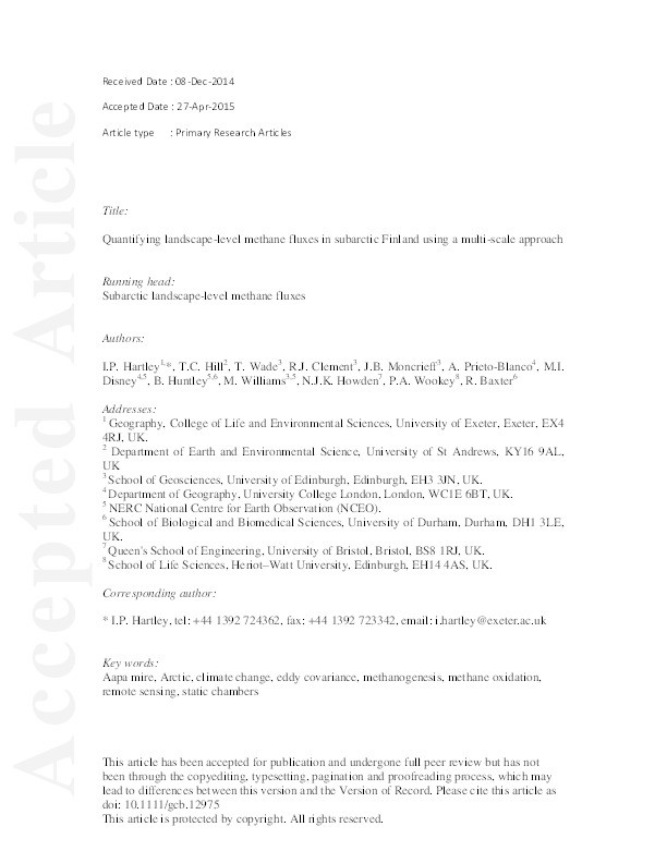 Quantifying landscape-level methane fluxes in subarctic Finland using a multi-scale approach Thumbnail