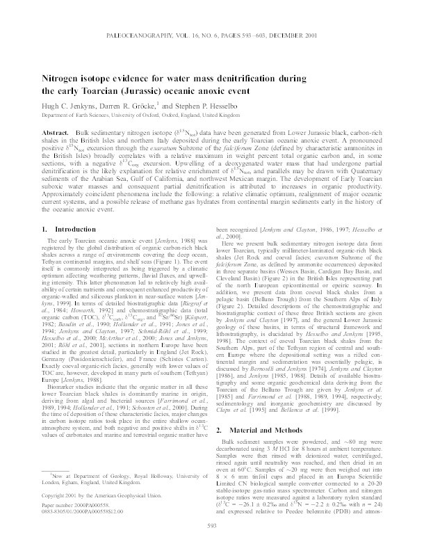 Nitrogen isotope evidence for water mass denitrification during the early Toarcian (Jurassic) oceanic anoxic event Thumbnail