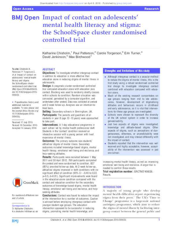 Impact of contact on adolescents’ mental health literacy and stigma: the SchoolSpace cluster randomised controlled trial Thumbnail