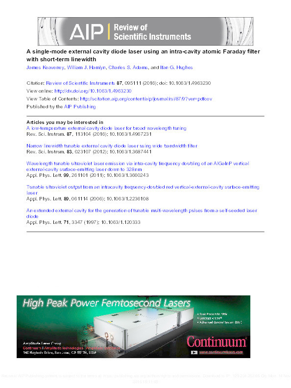 A single-mode external cavity diode laser using an intra-cavity atomic Faraday filter with short-term linewidth <400 kHz and long-term stability of <1 MHz Thumbnail