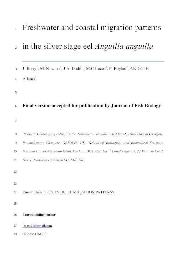 Freshwater and coastal migration patterns in the silver-stage eel Anguilla anguilla Thumbnail