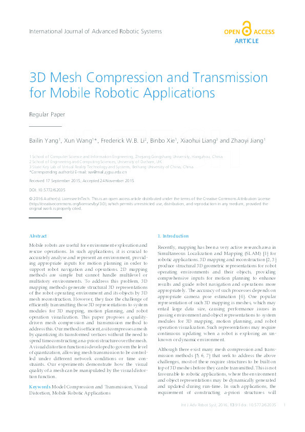 3D Mesh Compression and Transmission for Mobile Robotic Applications Thumbnail