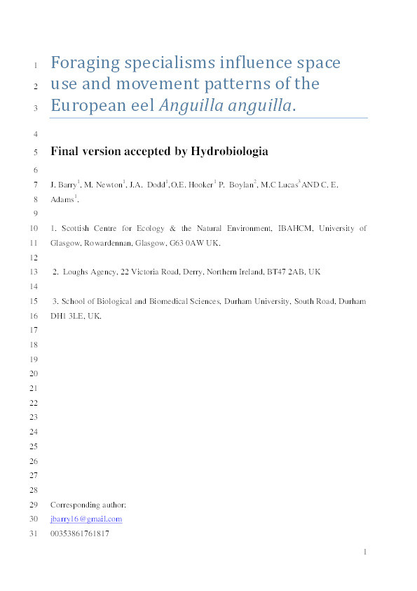 Foraging specialisms influence space use and movement patterns of the European eel Anguilla anguilla Thumbnail