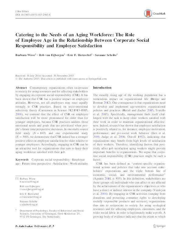 Catering to the needs of an aging workforce: The role of employee age in the relationship between corporate social responsibility and employee satisfaction Thumbnail