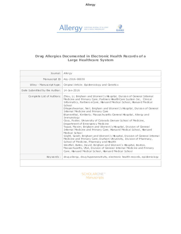 Drug Allergies Documented in Electronic Health Records of a Large Healthcare System Thumbnail