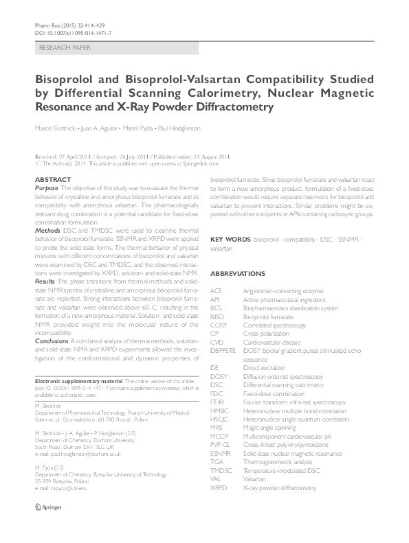 Bisoprolol and Bisoprolol-Valsartan Compatibility Studied by Differential Scanning Calorimetry, Nuclear Magnetic Resonance and X-Ray Powder Diffractometry Thumbnail