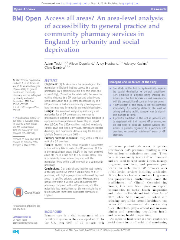 Access all areas? An area-level analysis of accessibility to general practice and community pharmacy services in England by urbanity and social deprivation Thumbnail