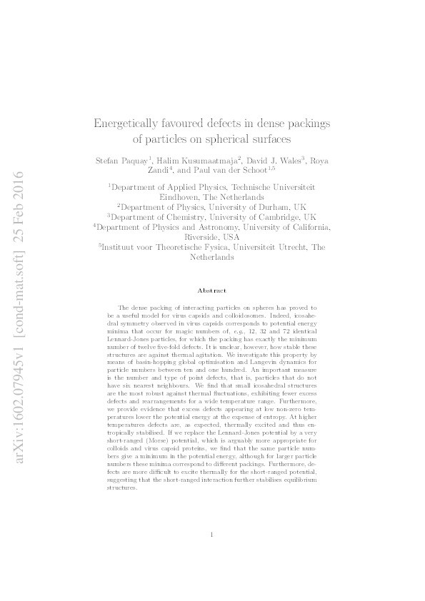 Energetically favoured defects in dense packings of particles on spherical surfaces Thumbnail