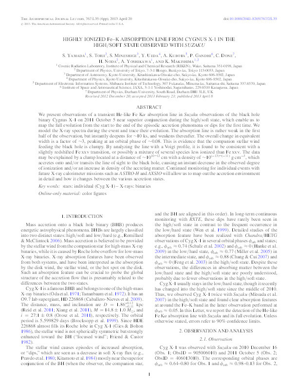 Highly Ionized Fe-K Absorption Line from Cygnus X-1 in the High/Soft State Observed with Suzaku Thumbnail