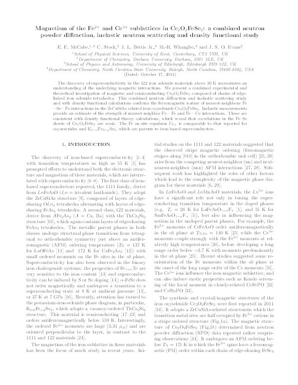 Magnetism of the Fe2+ and Ce3+ sublattices in Ce2O2FeSe2: A combined neutron powder diffraction, inelastic neutron scattering, and density functional study Thumbnail
