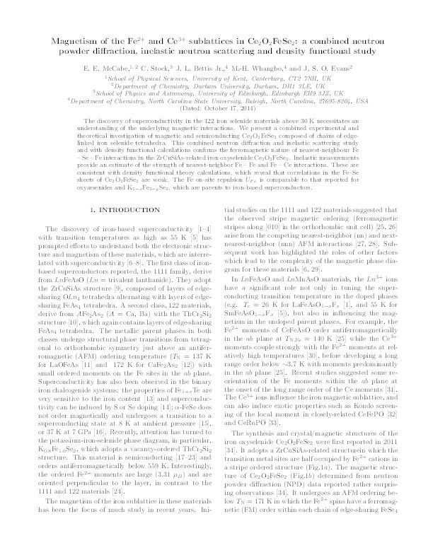 Magnetism of the Fe2+ and Ce3+ sublattices in Ce2O2FeSe2: A combined neutron powder diffraction, inelastic neutron scattering, and density functional study Thumbnail
