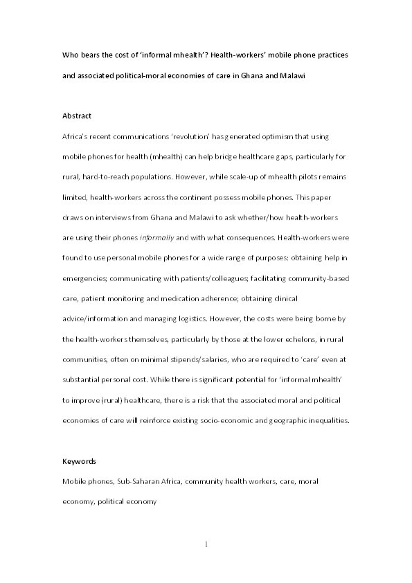 Who bears the cost of ‘informal mhealth’? Health-workers’ mobile phone practices and associated political-moral economies of care in Ghana and Malawi Thumbnail
