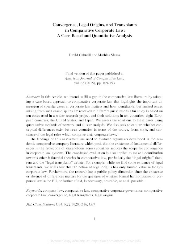 Convergence, Legal Origins and Transplants in Comparative Corporate Law: A Case-Based and Quantitative Analysis Thumbnail