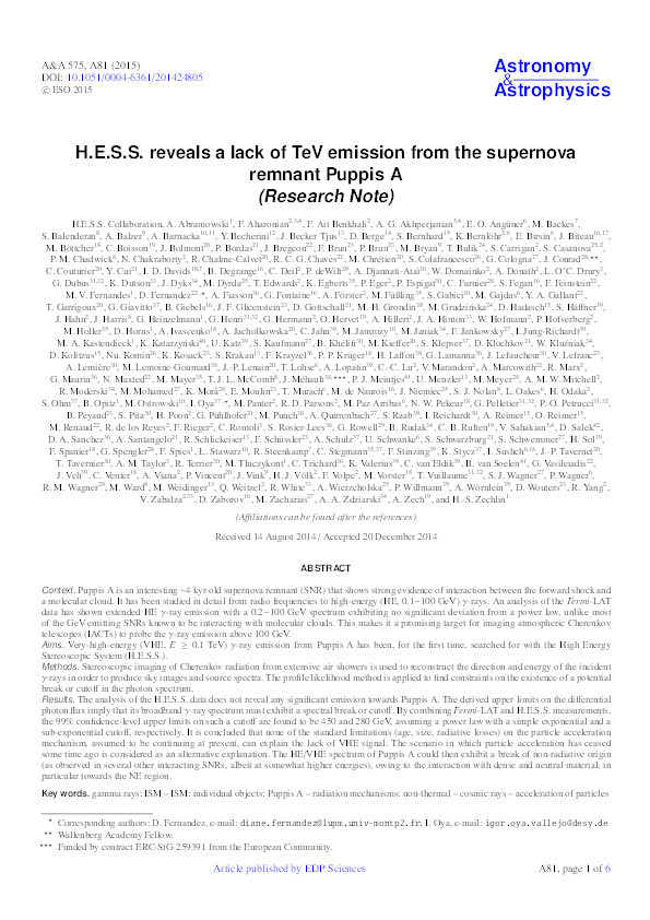 H.E.S.S. reveals a lack of TeV emission from the supernova remnant Puppis A Thumbnail