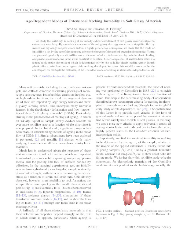 Age-Dependent Modes of Extensional Necking Instability in Soft Glassy Materials Thumbnail