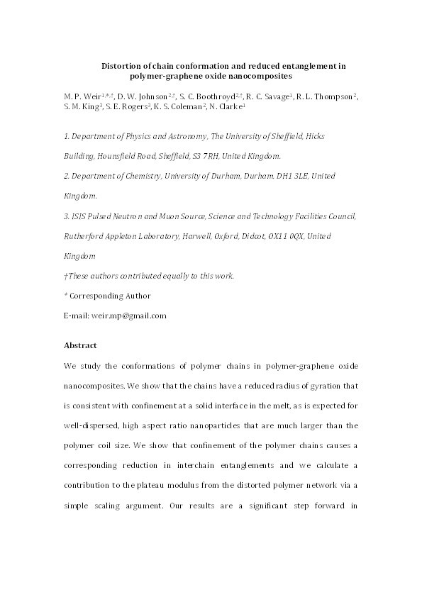 Distortion of Chain Conformation and Reduced Entanglement in Polymer–Graphene Oxide Nanocomposites Thumbnail