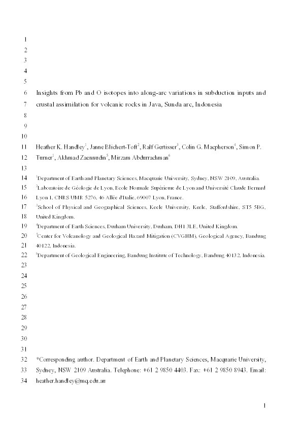 Insights from Pb and O isotopes into along-arc variations in subduction inputs and crustal assimilation for volcanic rocks in Java, Sunda arc, Indonesia Thumbnail