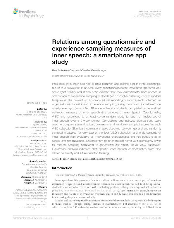 Relations among questionnaire and experience sampling measures of inner speech: a smartphone app study Thumbnail