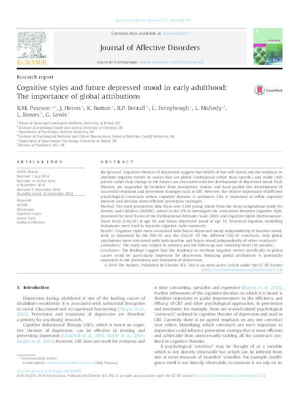 Cognitive styles and future depressed mood in early adulthood: The importance of global attributions Thumbnail