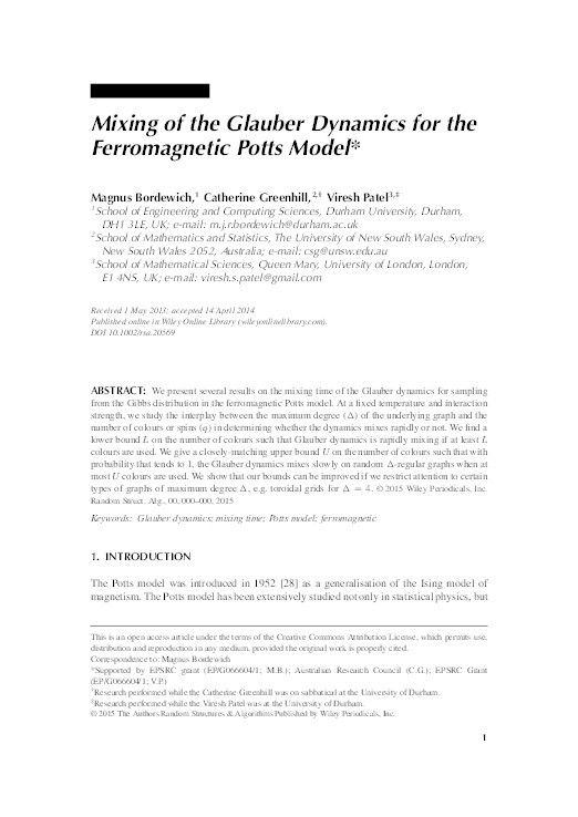 Mixing of the Glauber Dynamics for the Ferromagnetic Potts Model Thumbnail