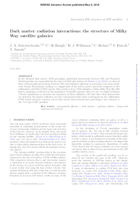 Dark matter–radiation interactions: the structure of Milky Way satellite galaxies Thumbnail