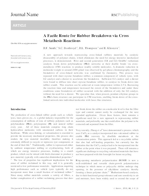 A facile route for rubber breakdown via cross metathesis reactions Thumbnail