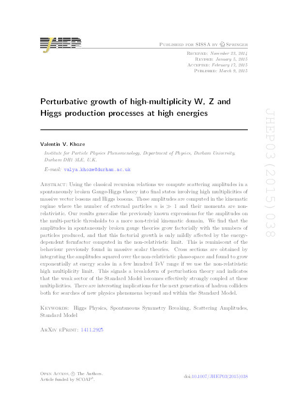 Perturbative growth of high-multiplicity W, Z and Higgs production processes at high energies Thumbnail