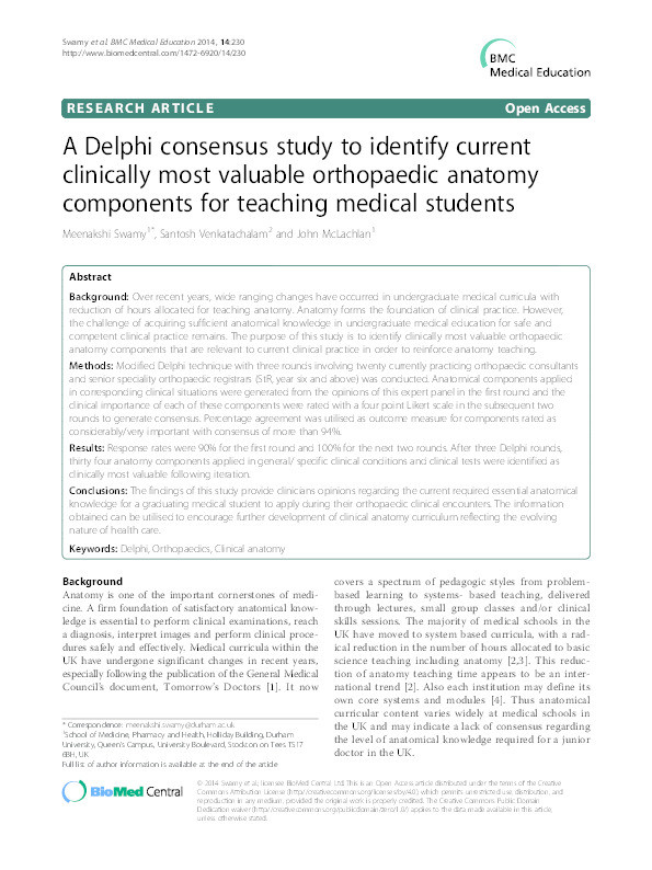 A Delphi consensus study to identify current clinically most valuable orthopaedic anatomy components for teaching medical students Thumbnail