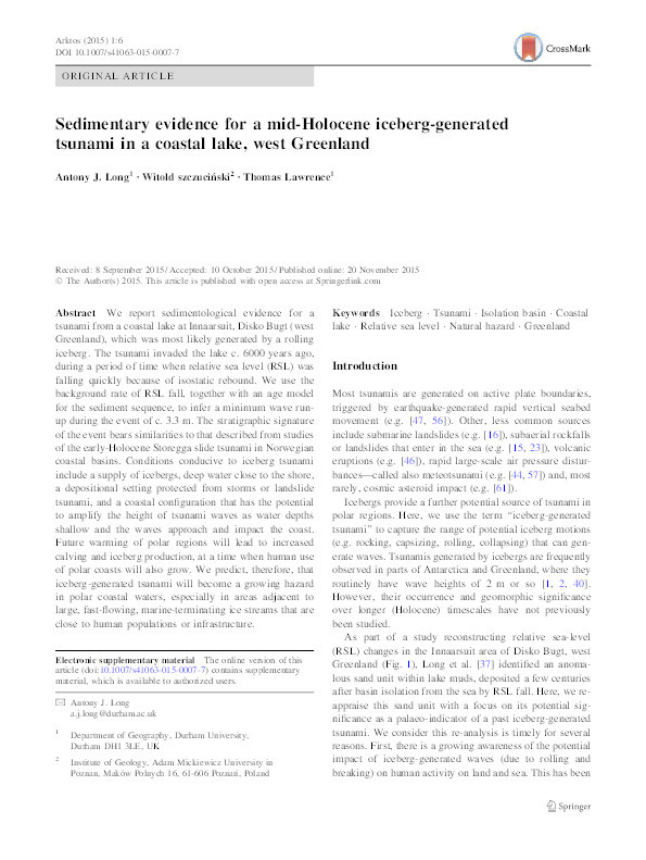 Sedimentary evidence for a mid-Holocene iceberg-generated tsunami in a coastal lake, west Greenland Thumbnail