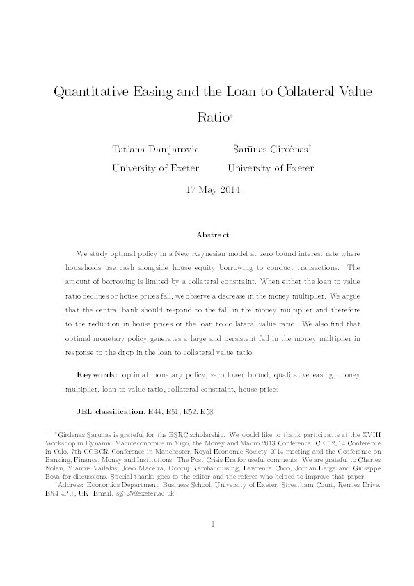 Quantitative easing and the loan to collateral value ratio Thumbnail