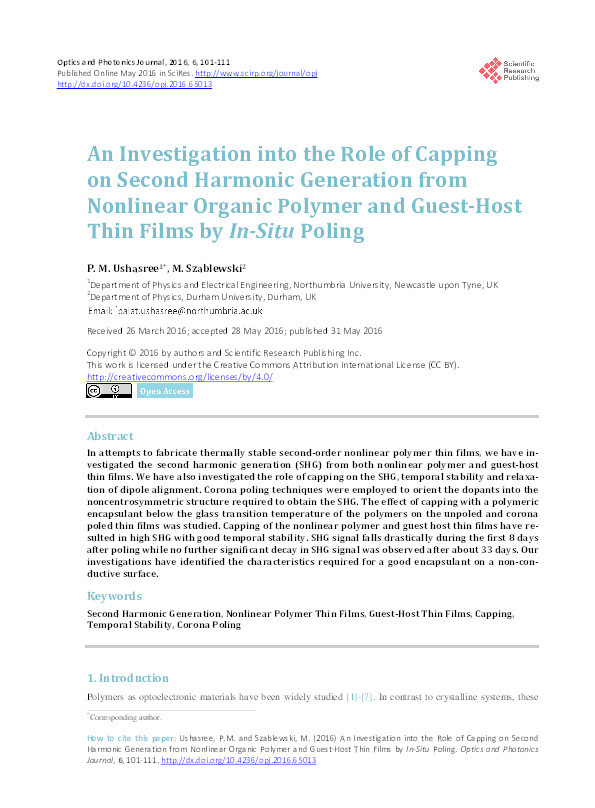 An Investigation into the Role of Capping on Second Harmonic Generation from Nonlinear Organic Polymer and Guest-Host Thin Films by In-Situ Poling Thumbnail