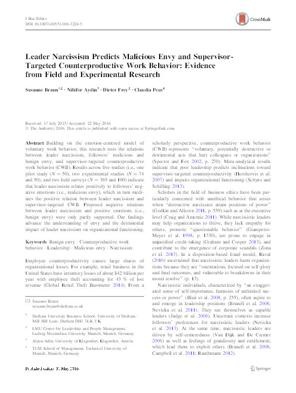 Leader Narcissism Predicts Malicious Envy and Supervisor-Targeted Counterproductive Work Behavior - Evidence From Field and Experimental Research Thumbnail