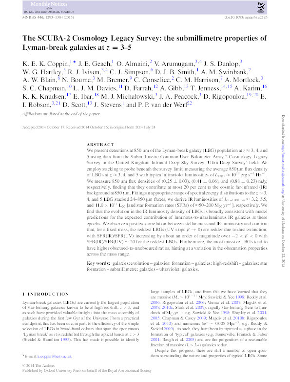 The SCUBA-2 Cosmology Legacy Survey: the submillimetre properties of Lyman-break galaxies at z = 3-5 Thumbnail