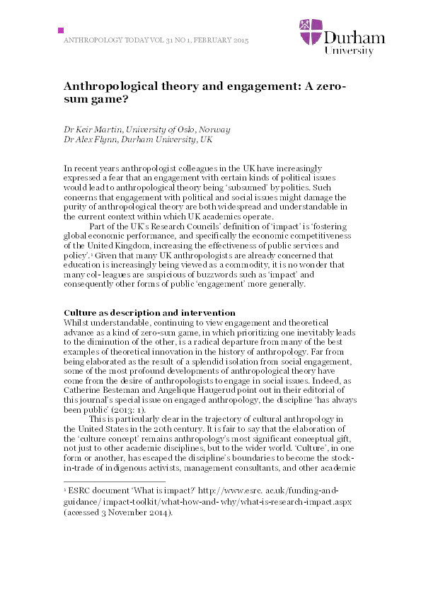 Anthropological theory and engagement: A zero-sum game? (Respond to this article at http://www.therai.org.uk/at/debate) Thumbnail