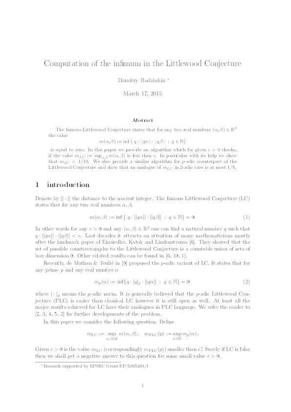 Computation of the infimum in the Littlewood Conjecture Thumbnail