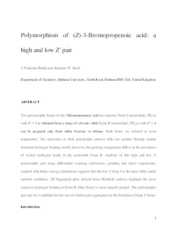 Polymorphism of (Z)-3-Bromopropenoic acid: a high and low Z' pair Thumbnail