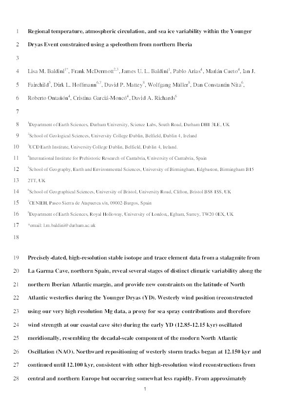 Regional temperature, atmospheric circulation, and sea-ice variability within the Younger Dryas Event constrained using a speleothem from northern Iberia Thumbnail