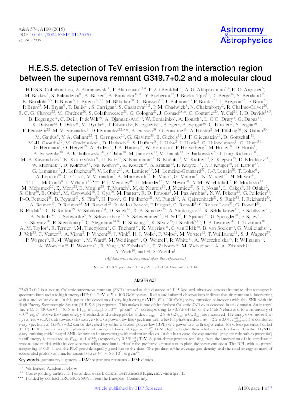 H.E.S.S. detection of TeV emission from the interaction region between the supernova remnant G349.7+0.2 and a molecular cloud Thumbnail