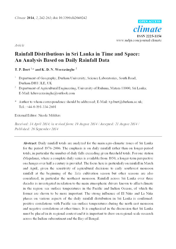Rainfall distributions in Sri Lanka in time and space: an analysis based on daily rainfall data Thumbnail