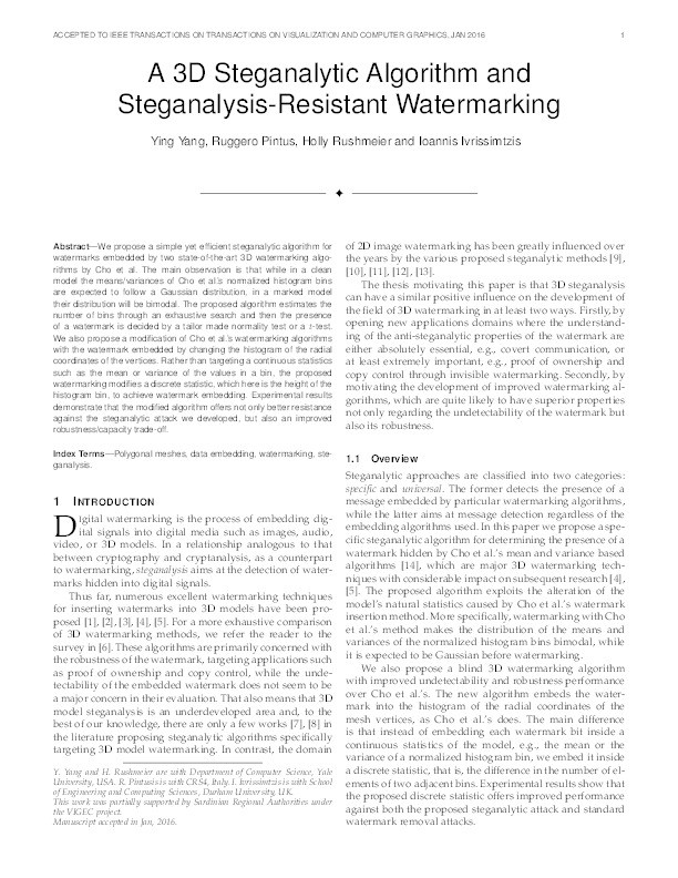 A 3D Steganalytic Algorithm and Steganalysis-Resistant Watermarking Thumbnail