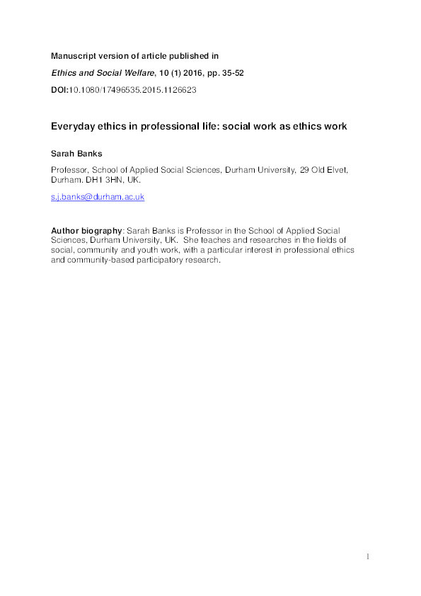 Everyday ethics in professional life: social work as ethics work Thumbnail