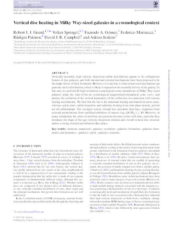 Vertical disc heating in Milky Way-sized galaxies in a cosmological context Thumbnail